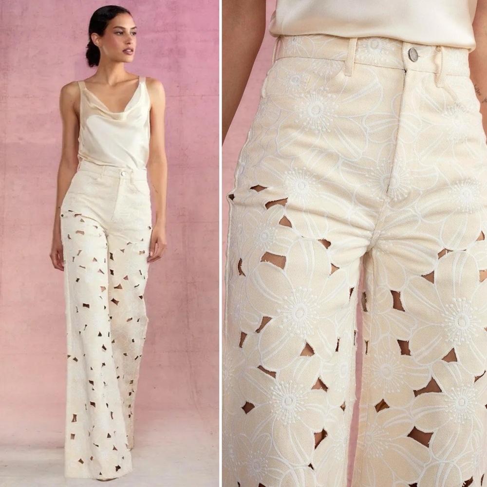 Cynthia Rowley Cream Floral Cutout Wide Leg Jeans
